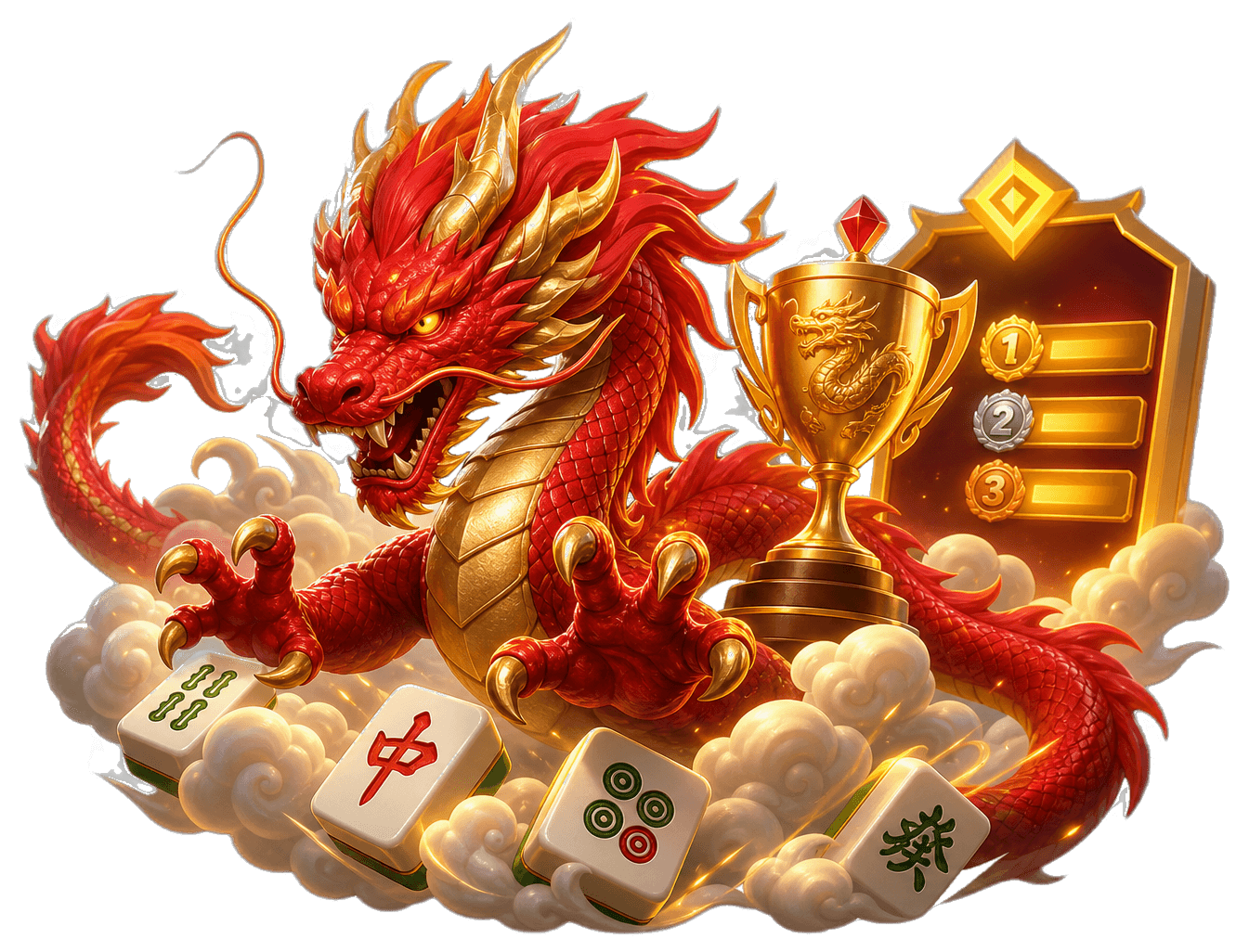 Red dragon with mahjong tiles and golden trophy